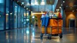 © horizon - A hotel cleaning cart with supplies and equipment in an office building lobby, representing the high quality service that you can expect to clean your place after.