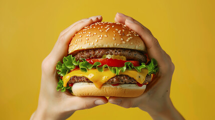 Wall Mural - burger on yellow background, AI generated