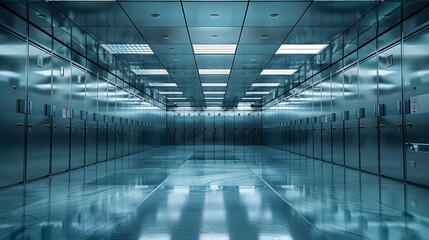  A long row of hightech, stainless steel safe boxes is set against the backdrop of an empty room with glossy floor and ceiling.  This scene emphasizes how modern safety fixtures.
