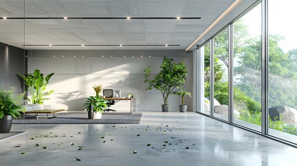 Wall Mural - A modern office interior with glass walls, concrete floors and white ceilings. The room is empty of furniture but has plants in vases on the floor. A large window overlooks nature outside.