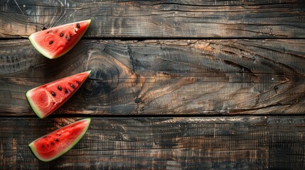 Wall Mural - Three pieces of watermelon on the table made of wood