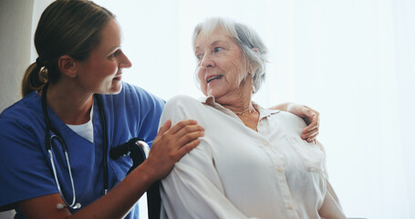 Poster - Elderly, woman and nurse for support in wheelchair with assisted living, rehabilitation and happy for assistance. Senior patient, caregiver and smile for wellness, helping hand and healing in hospice