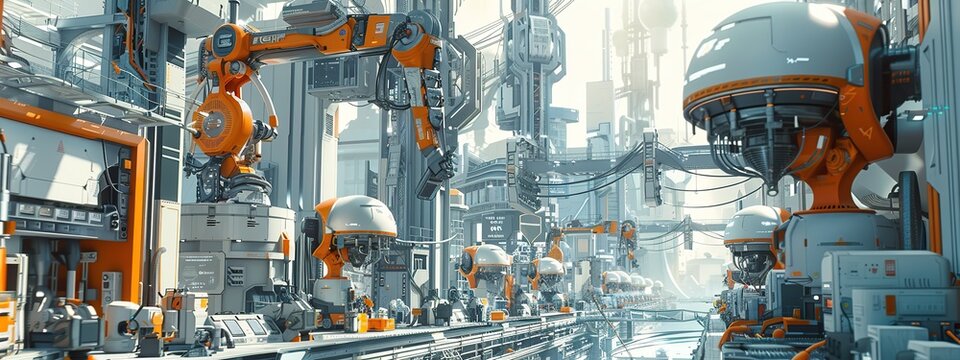 Futuristic industrial setting with robotic arms busy at work building a modern future city