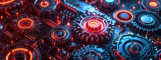 Wall Mural - Close-up view of a machine with many modern futuristic and industrial gears for technology mechanism concept