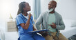 © AchillesReel/peopleimages.com - Consultation, senior man and nurse with clipboard, healthcare and questions for medical info. Black people, elderly patient and caregiver for arthritis, alzheimer and talking with checklist on bed