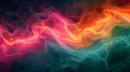 Wall Mural - A grainy gradient background in dark shades of pink, orange, and green, with abstract glowing waves.
