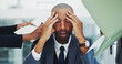 © peopleimages.com - Businessman, headache and stress in office for multitasking, deadline fail or overworked with paperwork. African employee, frustrated and time management with accountability, mental health or burnout
