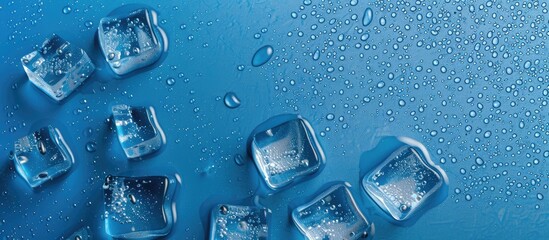 Wall Mural - Ice cubes with water droplets arranged on a blue surface, seen from above.