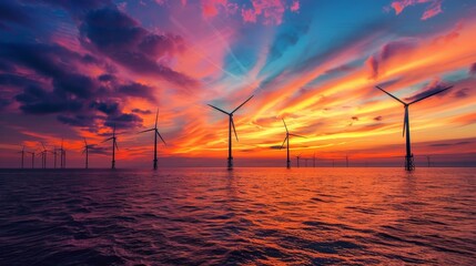 Ocean sunset at an offshore wind farm, wind turbines spinning, vibrant colors reflecting on the water, electricity production in progress