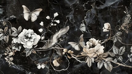Wall Mural - Black marble panel with bold flower and butterfly silhouettes, along with an intricate feather design, adding drama and visual interest to any room