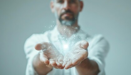 Poster - A man is holding his hands up to show something to someone