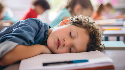 Wall Mural - Tired school boy lying and sleeping at his desk in the classroom