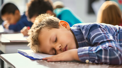 Wall Mural - Tired school boy lying and sleeping at his desk in the classroom