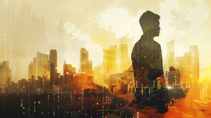 Wall Mural - Businessman's silhouette filled with urban landscape and financial graphs, highlighting the interplay between business growth and urban development