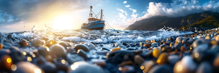 Wall Mural - sunset at the seaside pebbles on the shore old fishing boat resting in the background