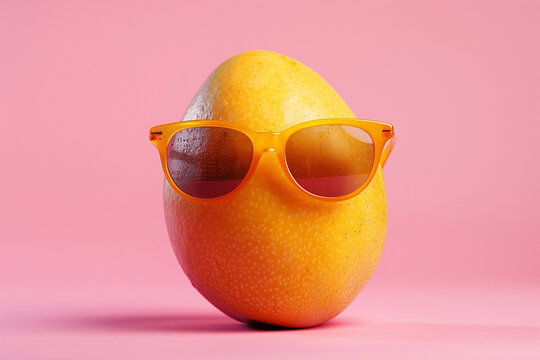 Portrait of yellow mango in sunglasses on pink background front view close-up.