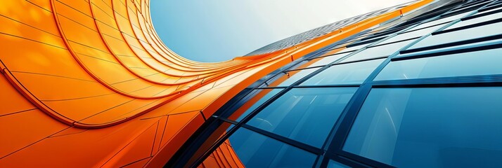 Poster - A building with a blue sky in the background and orange stripes on the side