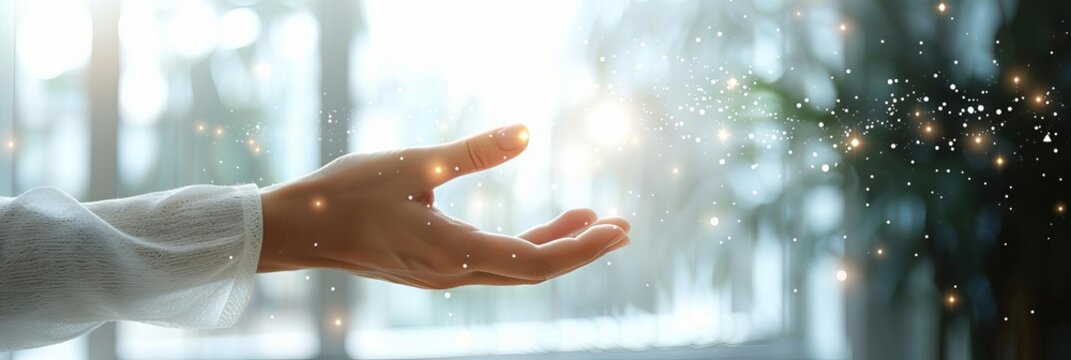 A hand is holding a light up to the sky, creating a sense of hope and positivity