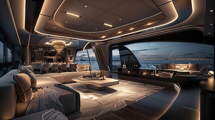 Wall Mural - a luxurious yacht interior at night, modern curved furniture with subtle led lighting