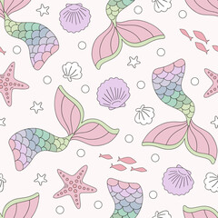 Sticker - Rainbow coloured Mermaid tail Shells vector seamless pattern. Groovy underwater background.