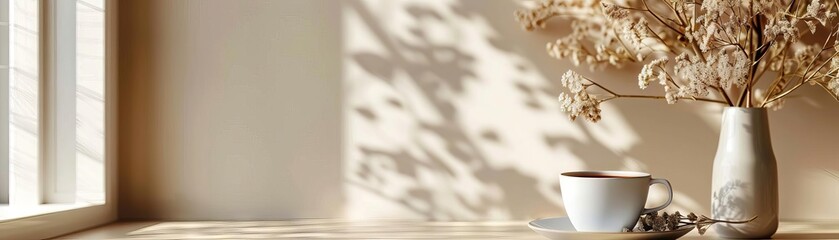 Poster - A white vase with flowers and a white coffee cup on a table