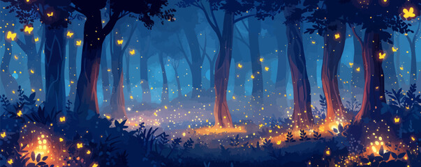 Sticker - Enchanted forest glade with glowing fireflies Vector flat minimalistic isolated illustration