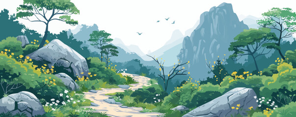 Wall Mural - A scenic hiking trail winding through lush green forests and rocky terrain. Vector flat minimalistic isolated illustration