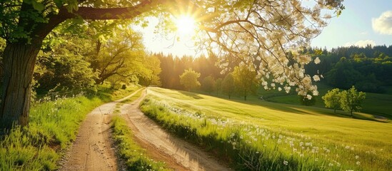 Wall Mural - Scenic view of a country road under the sun during spring