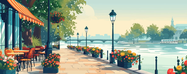 A tranquil riverside promenade lined with cafes and flower beds. Vector flat minimalistic isolated illustration.