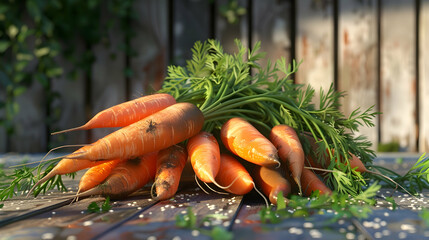 a colorful assortment of carrots, including orange and green varieties, are arranged on a wooden table alongside a wooden fence