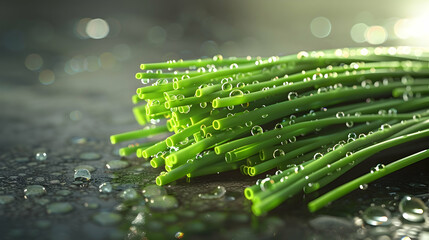 Wall Mural - premium of green asparagus arranged on a table with water droplets