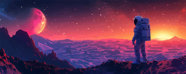 Wall Mural - astronaut exploring alien landscapes vector flat minimalistic isolated