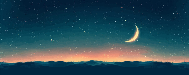 Wall Mural - a starry night sky with a crescent moon shining brightly on a white background. vector flat minimali
