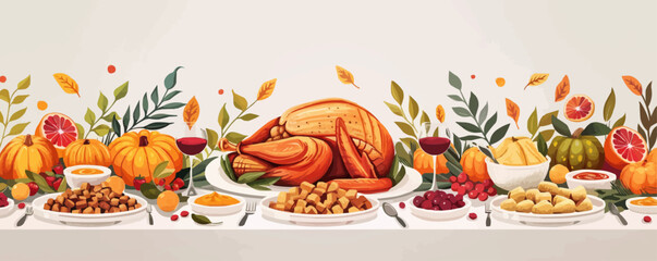 A table set for Thanksgiving dinner with a roasted turkey, stuffing, and all the fixings on a white background. Vector flat minimalistic isolated