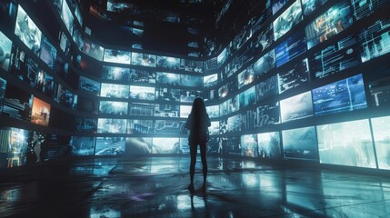 Individual in a futuristic room with walls covered in digital feeds