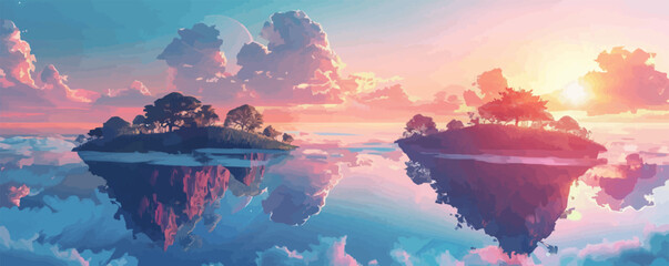 Wall Mural - Surreal dreamlike landscape with floating islands Vector flat minimalistic isolated