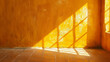 © RaptorWoman - An empty room with textured orange walls and tiled floor, illuminated by sunlight casting dramatic shadows, creating a warm and vibrant atmosphere.