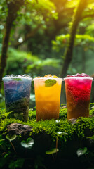 Three vibrant, refreshing drinks with ice in plastic cups, set in a lush outdoor environment with greenery and sunlight.
