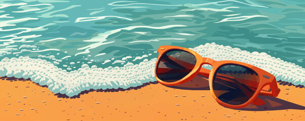 Sticker - A pair of sunglasses resting on a beach towel. Vector flat minimalistic isolated