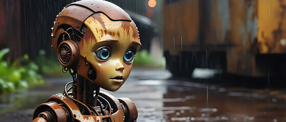 Wall Mural - A young humanoid robot child, abandoned and left to rust in the rain, showing signs of depression, detailed textures of rust and decay, rain pouring down, melancholic atmosphere, photorealistic, high 