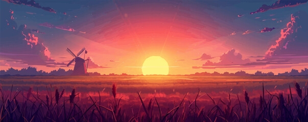 Wall Mural - A radiant sunset over a field of barley with a windmill in the distance. Vector flat minimalistic isolated illustration.