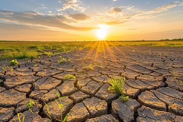 Close-up and sunset view of glasswort between cracks of dried reclaimed land at Tando Port in summer