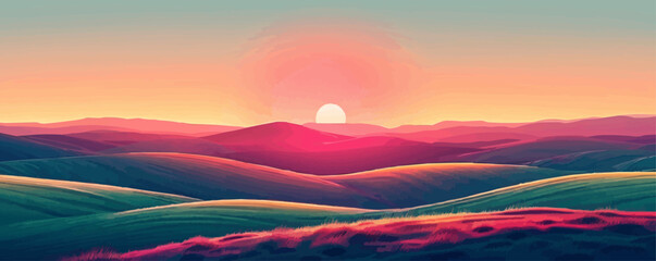 Sticker - A radiant sunrise casting long shadows over a peaceful meadow. Vector flat minimalistic isolated illustration.