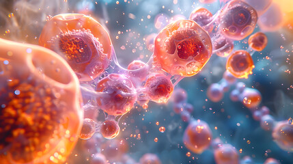 Poster - A close-up 3D view of a single, dividing cell, expanding and replicating in a vibrant, abstract environment with a focus on cellular details.