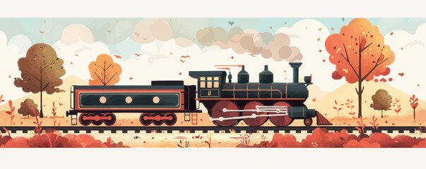 Wall Mural - Vintage train chugging along railroad tracks. Vector flat minimalistic isolated