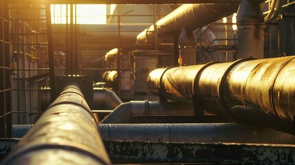 Poster - Industrial waste water treatment pipes, close-up, factory setting, no people, focus on sustainability, soft glow