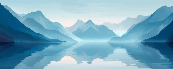 Sticker - A serene mountain lake reflecting the surrounding peaks. Vector flat minimalistic isolated illustration.