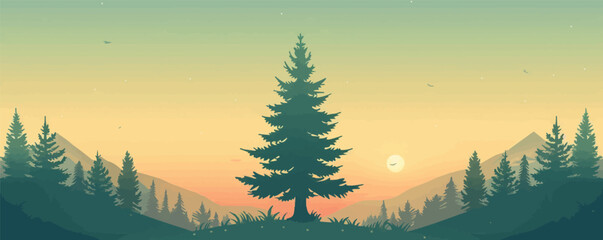 Wall Mural - Towering pine tree in a serene forest setting. Vector flat minimalistic isolated