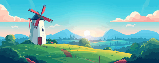 Wall Mural - Quaint countryside windmill against a sunny sky Vector flat minimalistic isolated