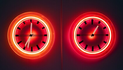 Wall Mural - speedometer on red background, time is money concept, clock on the wall, A futuristic digital clock light effect. A glowing silhouette of a clock representing time. Background laser blue neon clock 